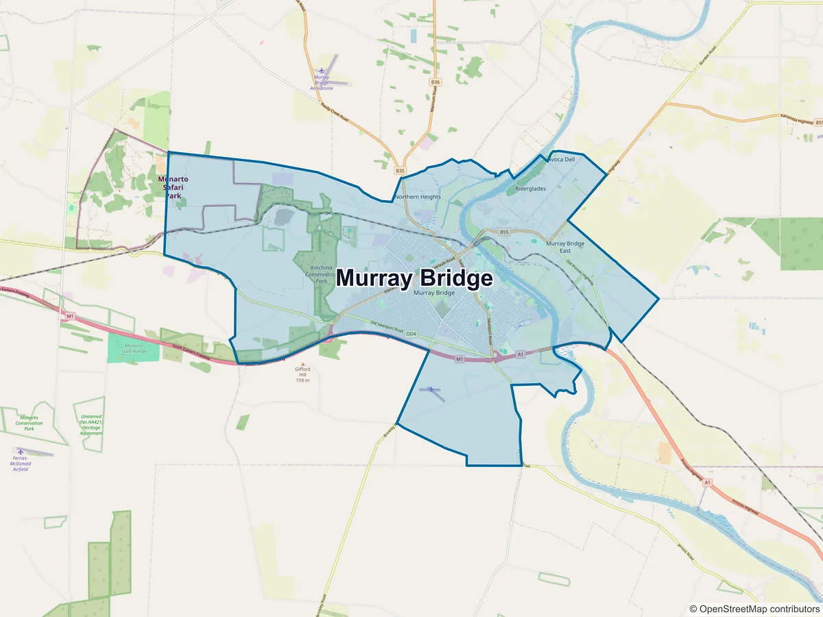 Map of Murray Bridge and its postcodes, Australia