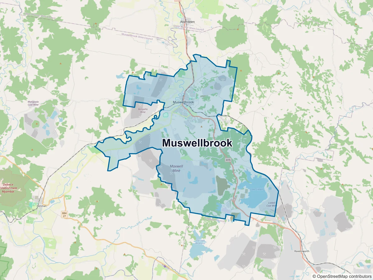 Map of Muswellbrook and its postcodes, Australia