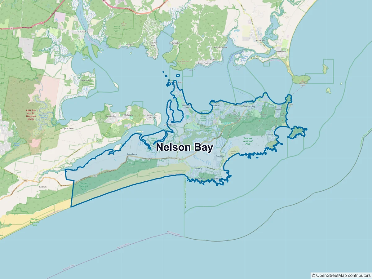 Map of Nelson Bay and its postcodes, Australia