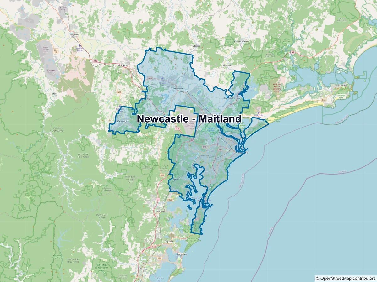 Map of Newcastle - Maitland and its postcodes, Australia