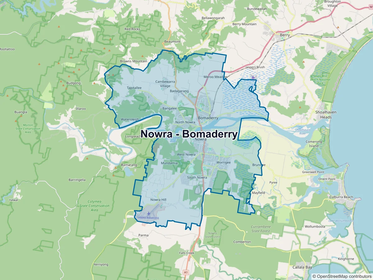 Map of Nowra - Bomaderry and its postcodes, Australia