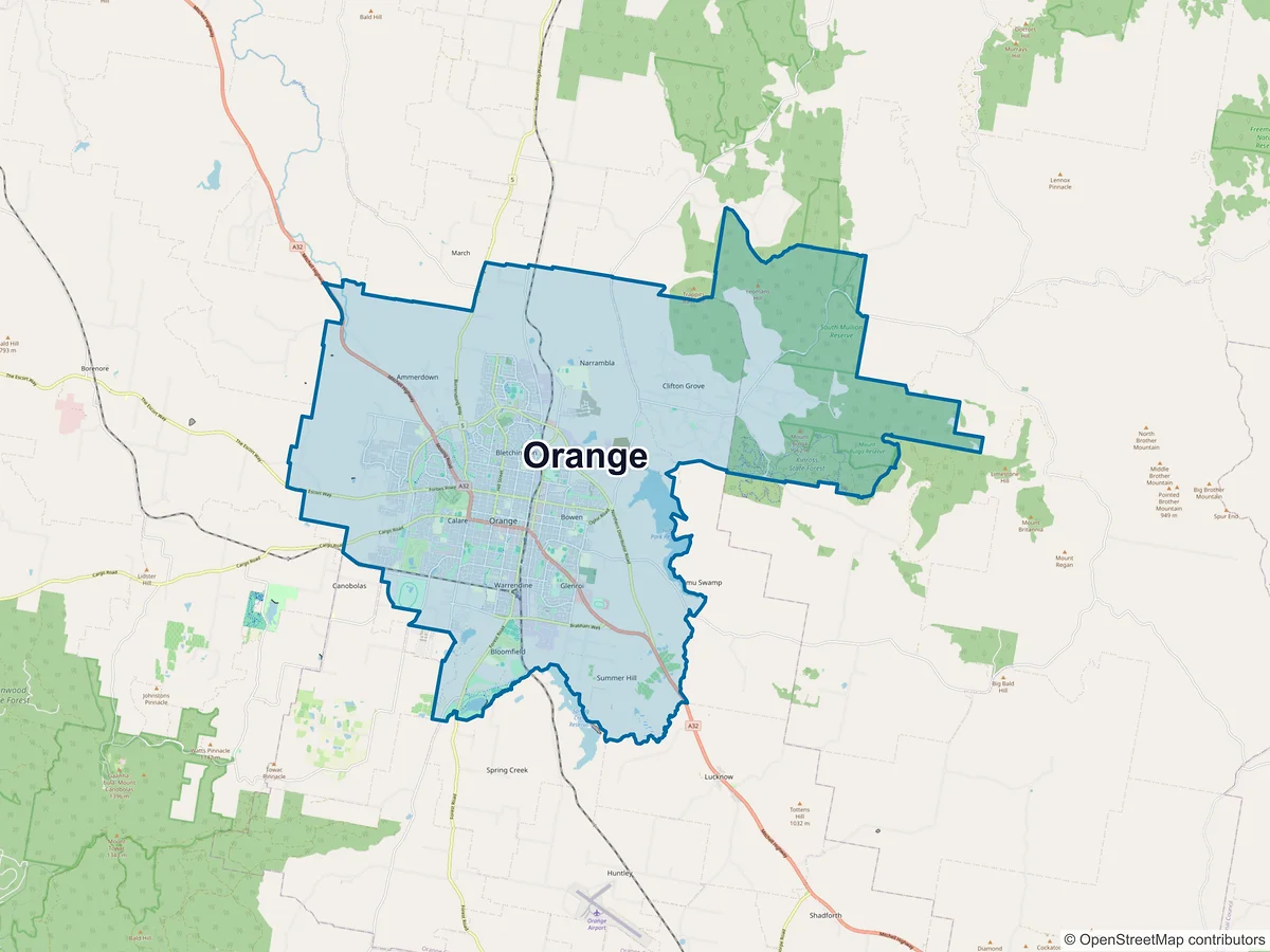 Map of Orange and its postcodes, Australia