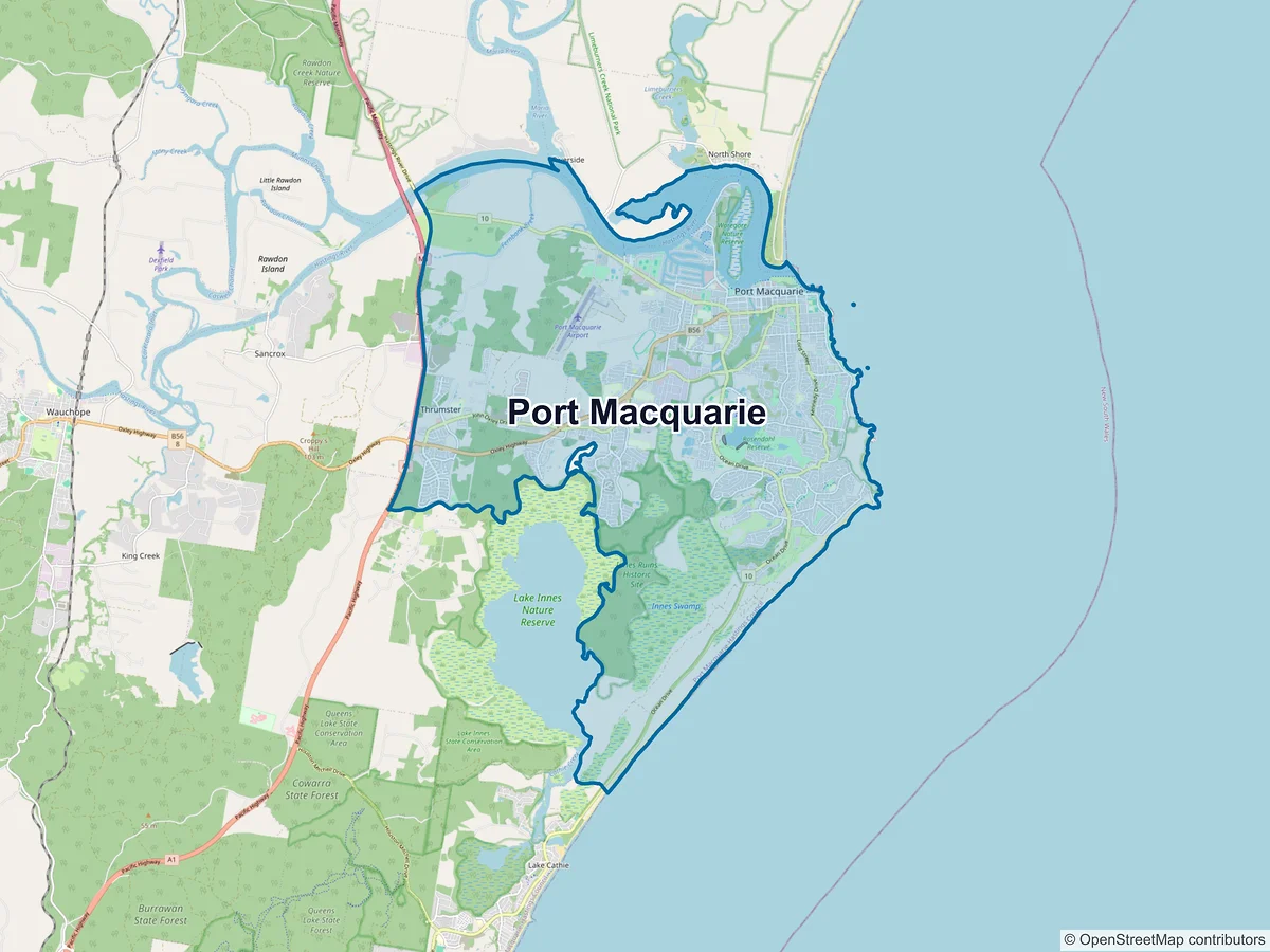 Map of Port Macquarie and its postcodes, Australia