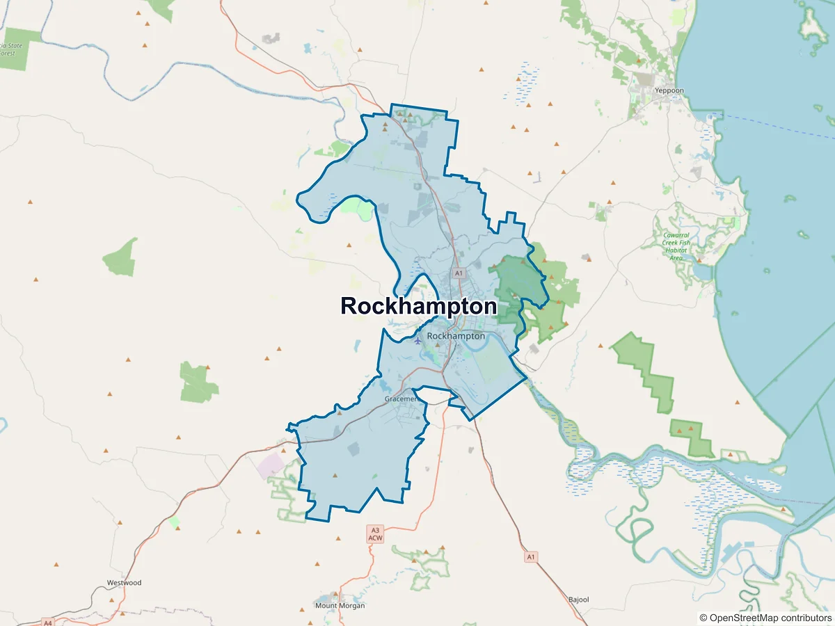 Map of Rockhampton and its postcodes, Australia