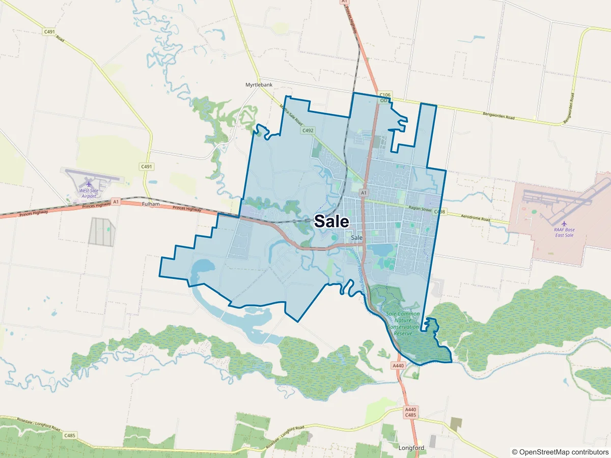 Map of Sale and its postcodes, Australia