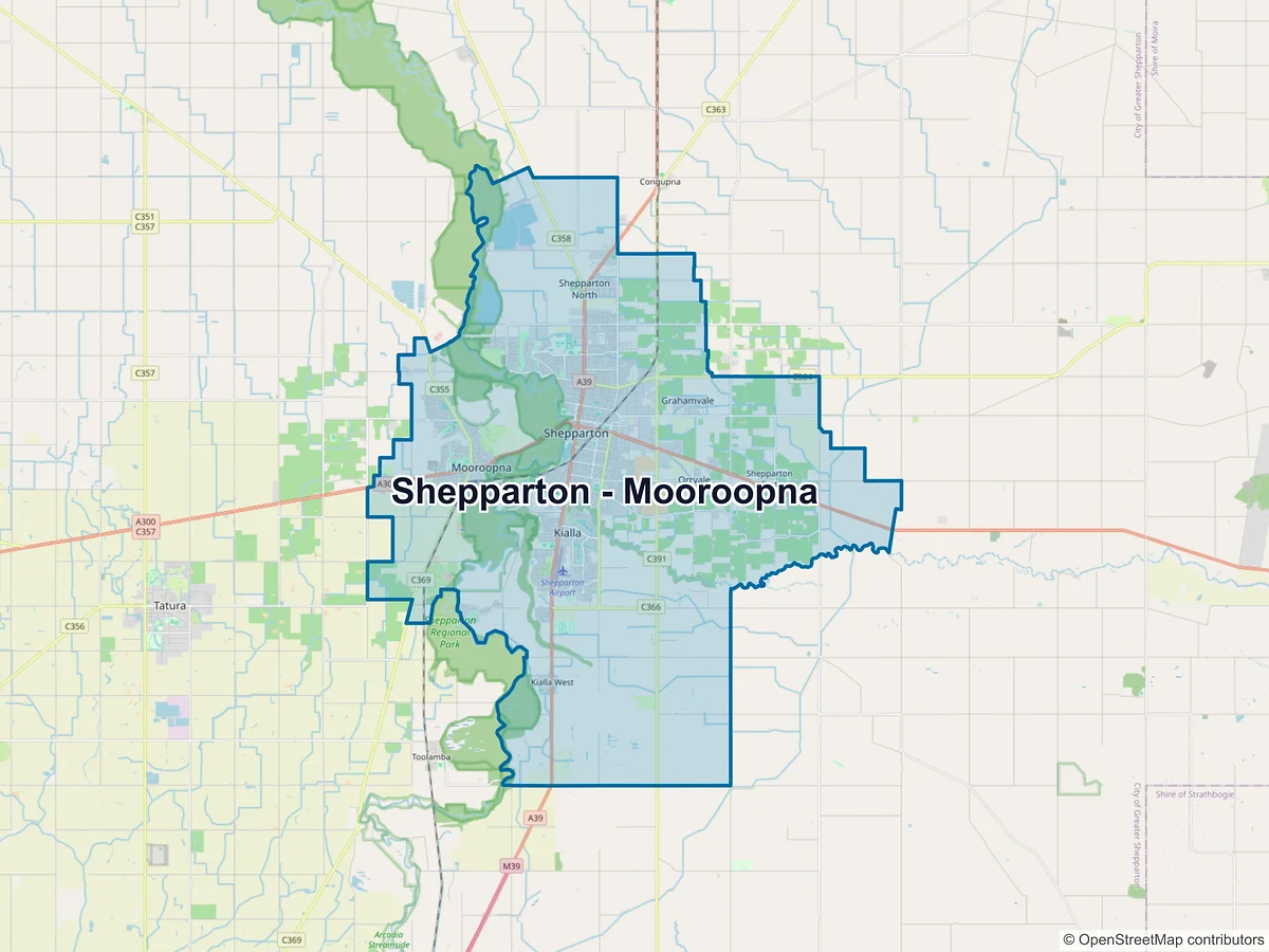 Map of Shepparton - Mooroopna and its postcodes, Australia