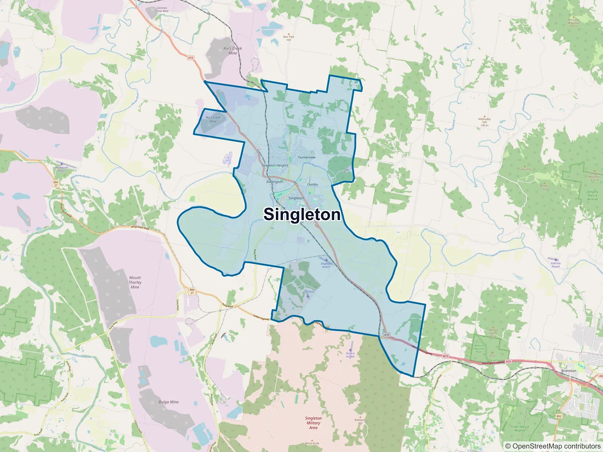Map of Singleton and its postcodes, Australia