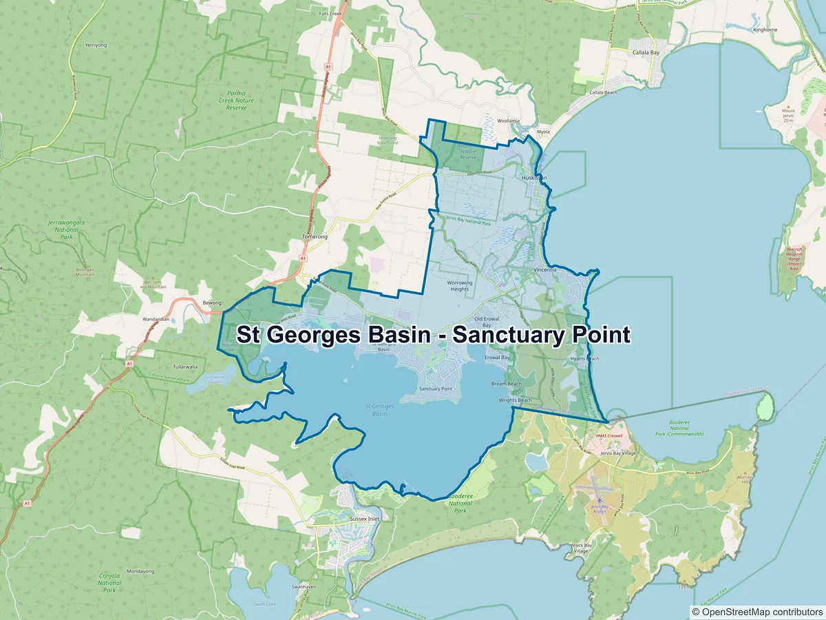 Map of St Georges Basin - Sanctuary Point and its postcodes, Australia