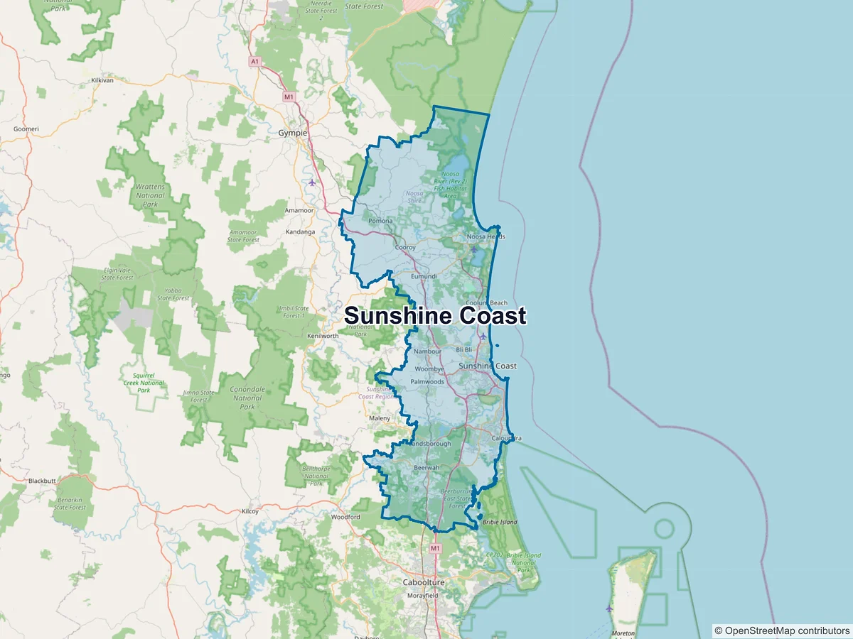 Map of Sunshine Coast and its postcodes, Australia