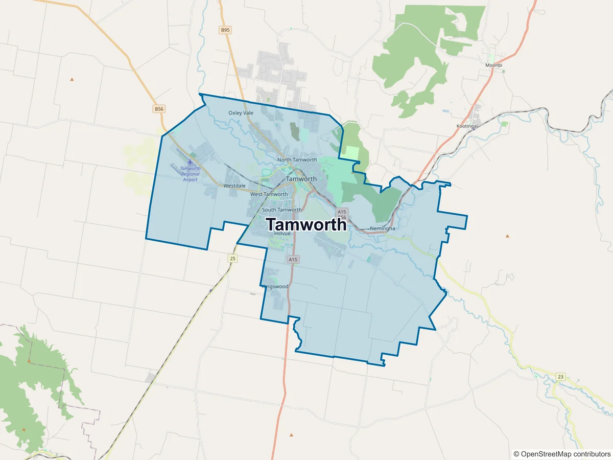 Map of Tamworth and its postcodes, Australia