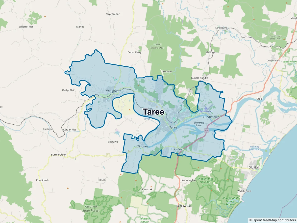 Map of Taree and its postcodes, Australia