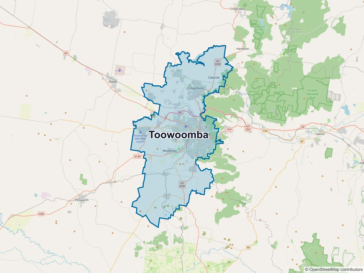 Map of Toowoomba and its postcodes, Australia