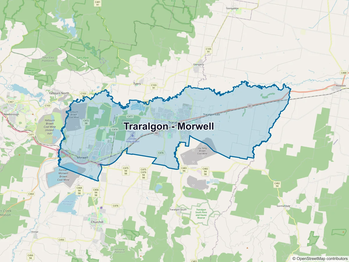 Map of Traralgon - Morwell and its postcodes, Australia
