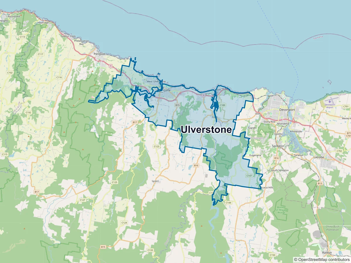 Map of Ulverstone and its postcodes, Australia