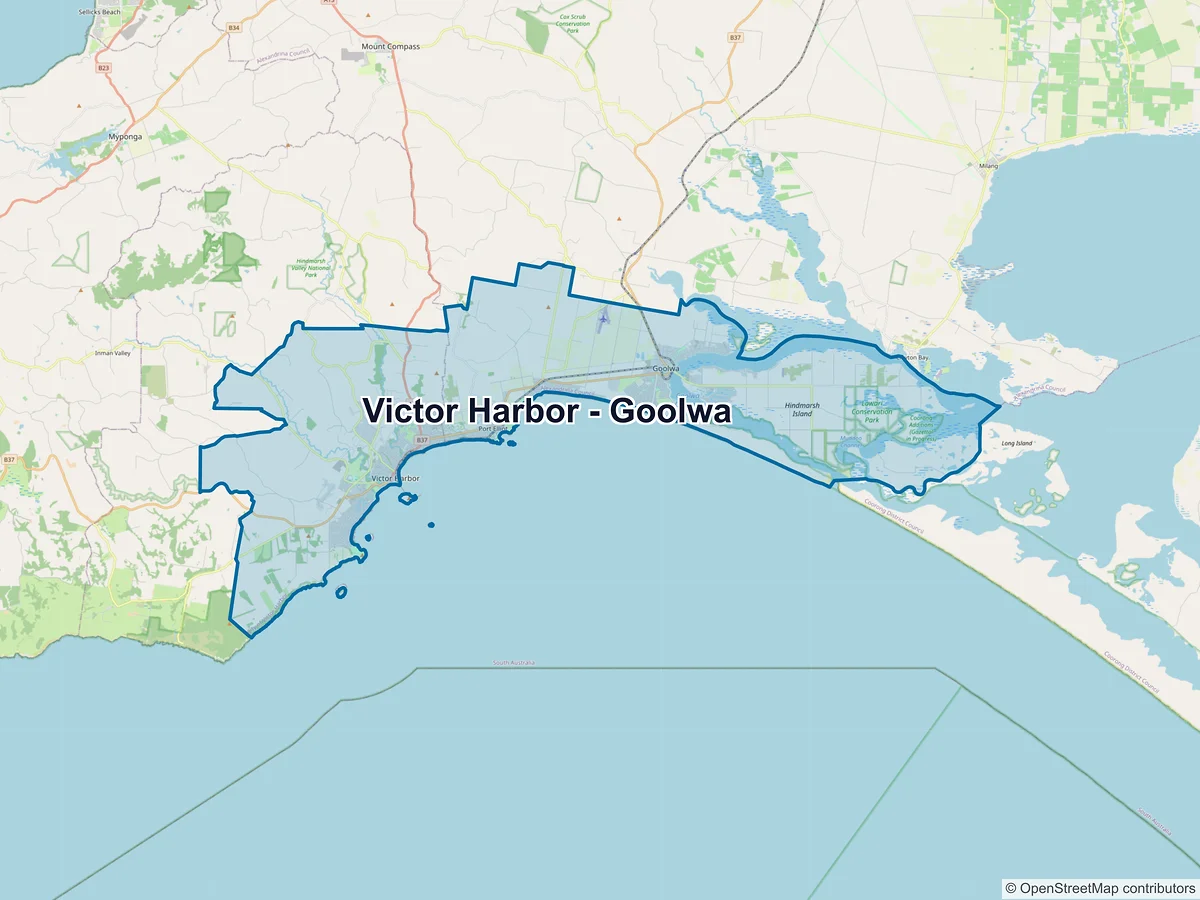 Map of Victor Harbor - Goolwa and its postcodes, Australia