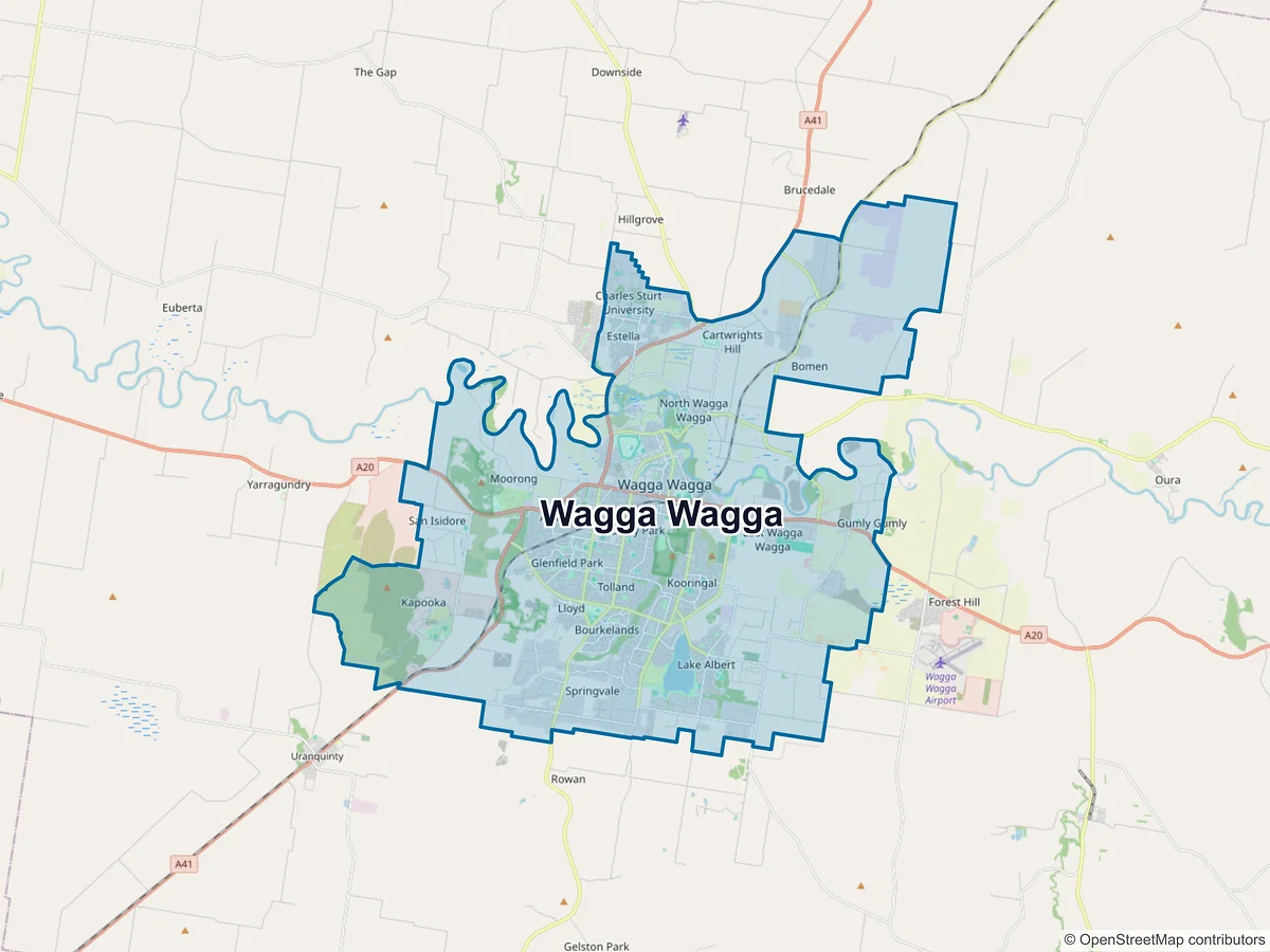 Map of Wagga Wagga and its postcodes, Australia