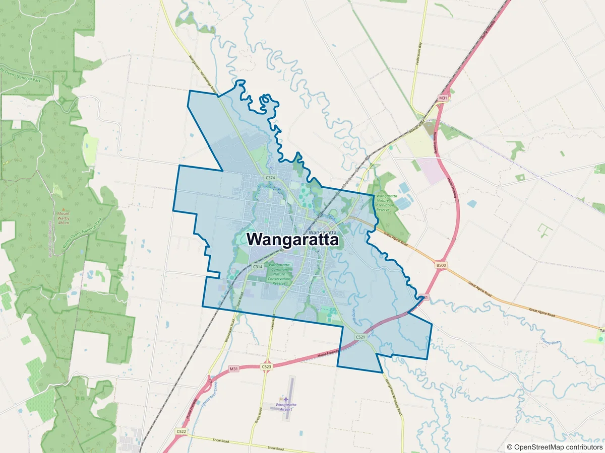 Map of Wangaratta and its postcodes, Australia