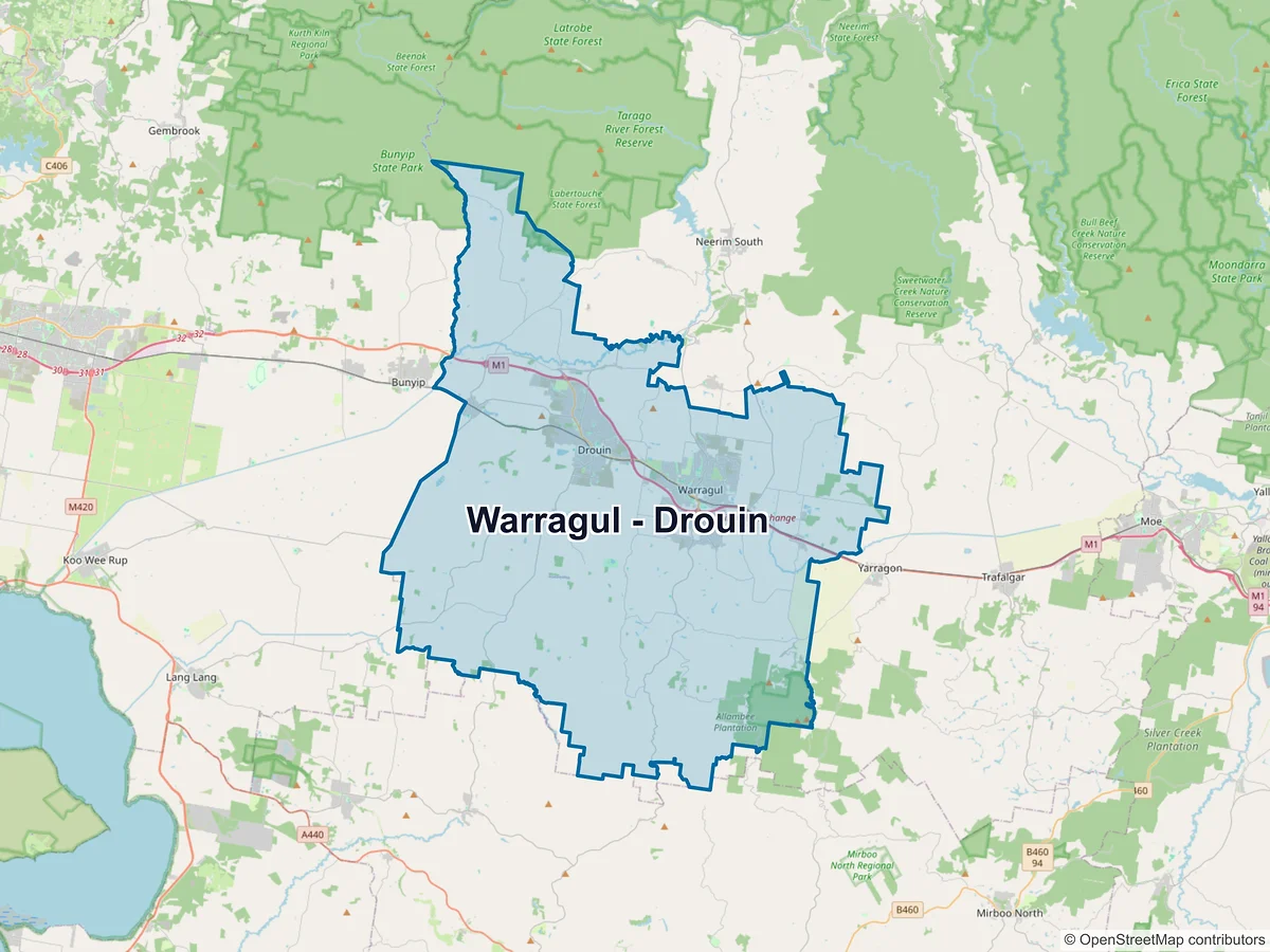 Map of Warragul - Drouin and its postcodes, Australia