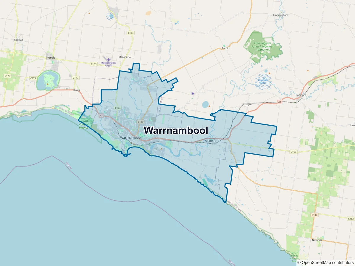 Map of Warrnambool and its postcodes, Australia