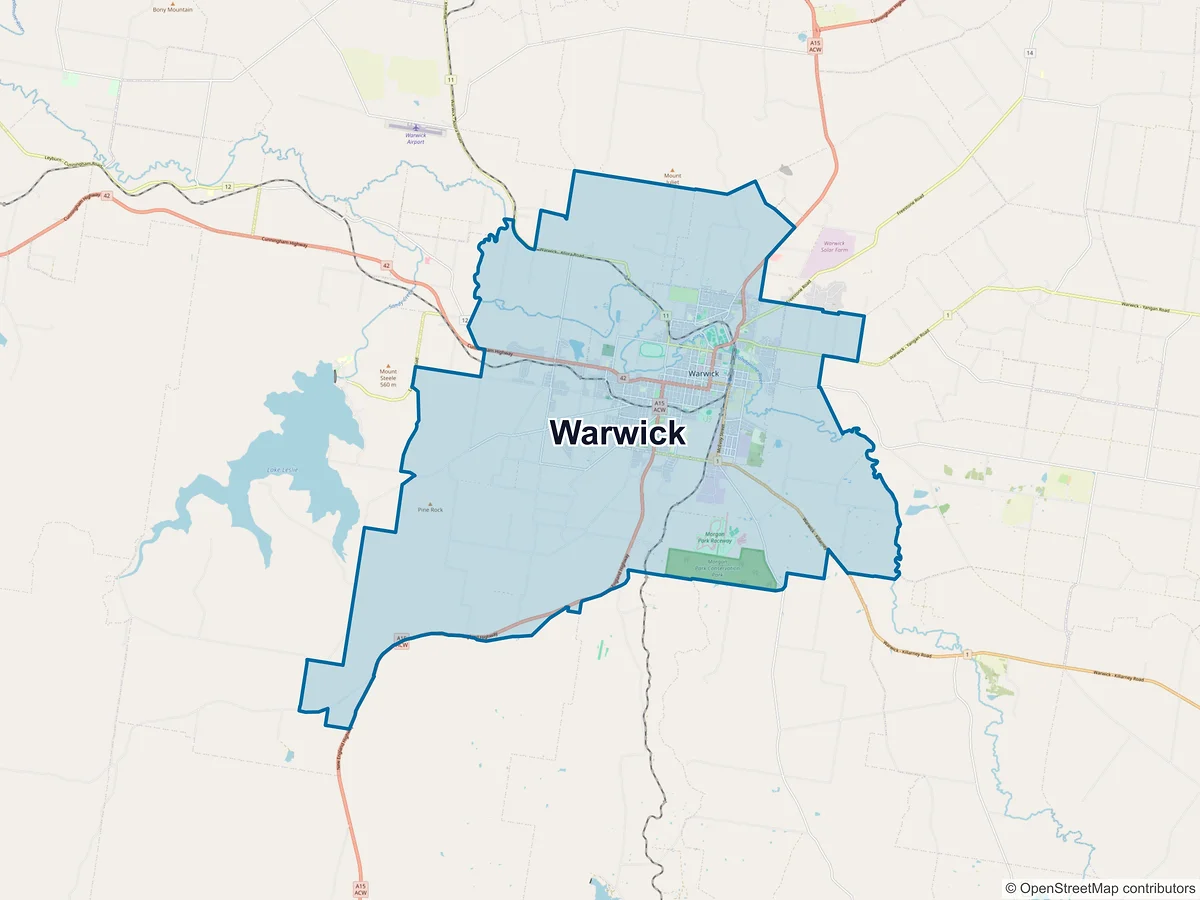 Map of Warwick and its postcodes, Australia