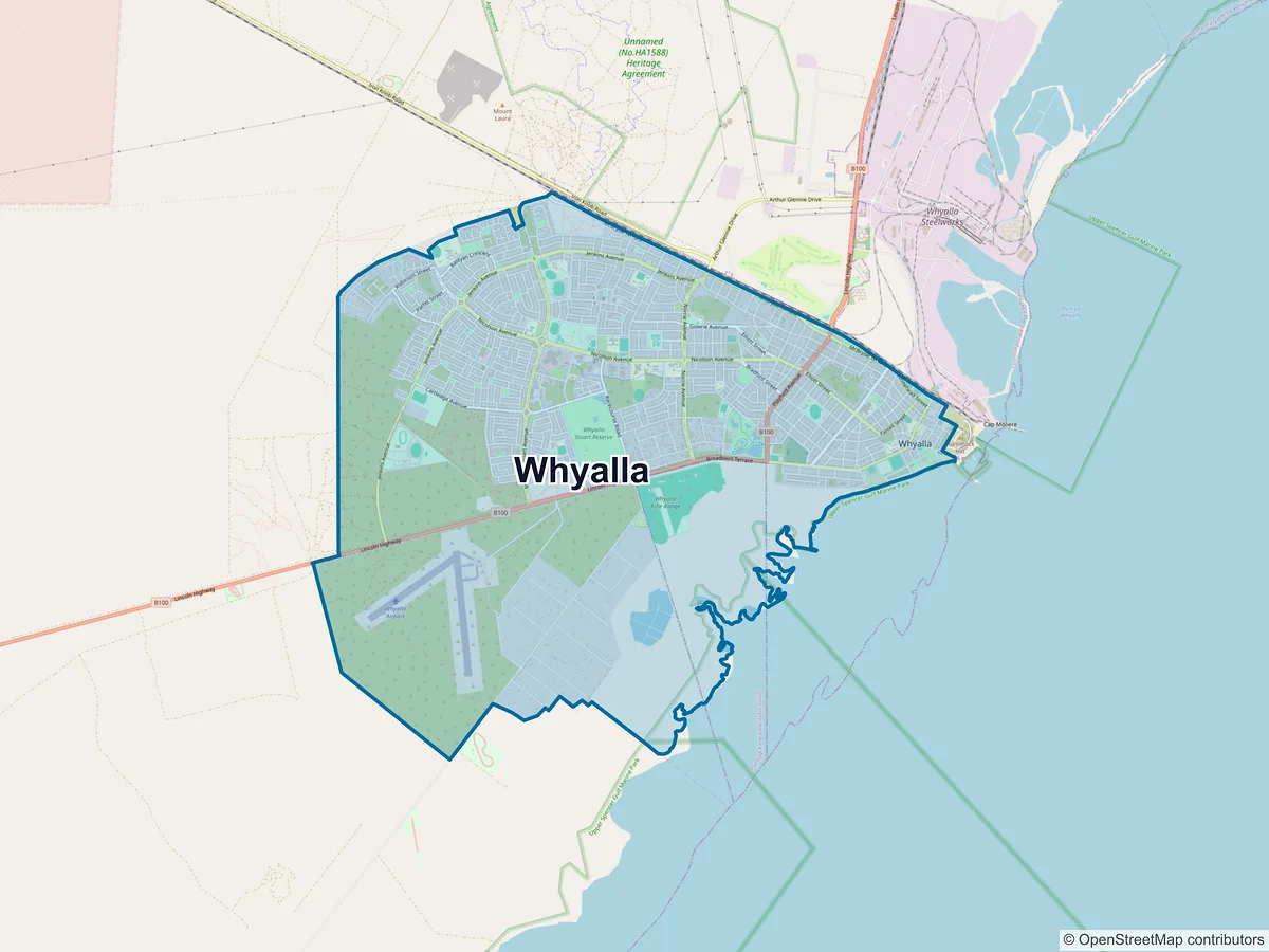 Map of Whyalla and its postcodes, Australia