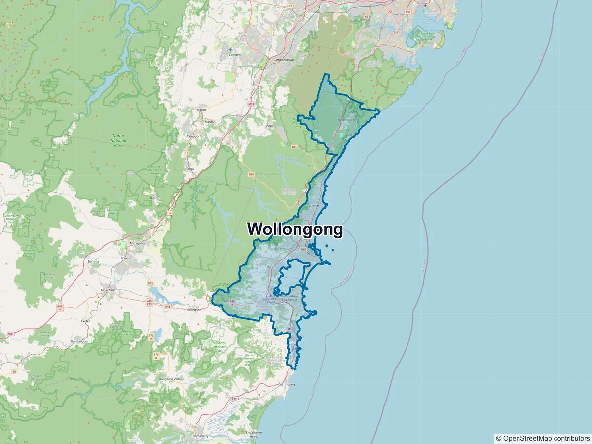 Map of Wollongong and its postcodes, Australia