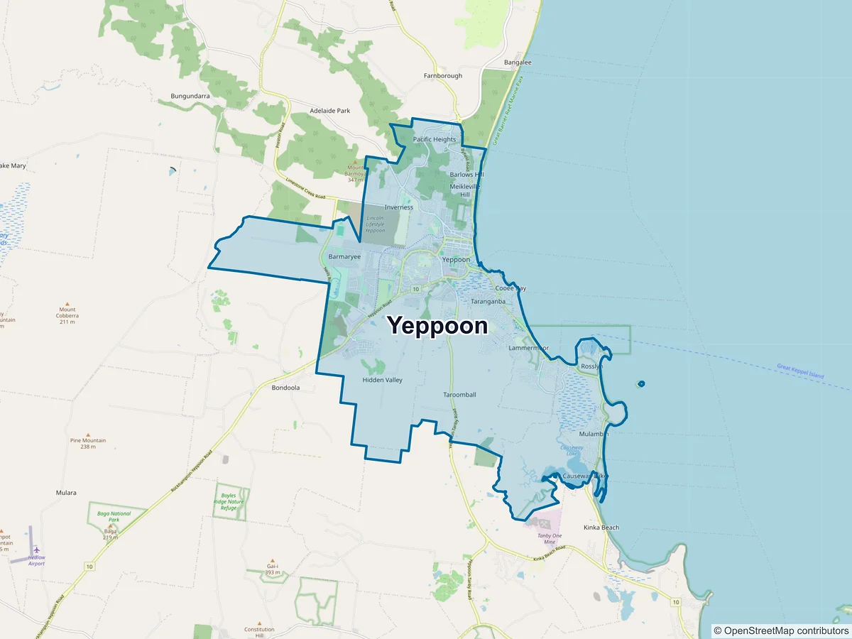 Map of Yeppoon and its postcodes, Australia