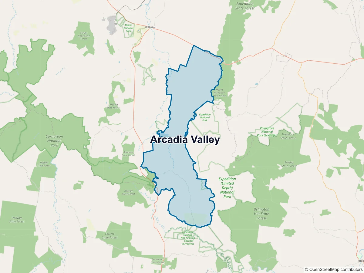 Map of Arcadia Valley, QLD, Australia