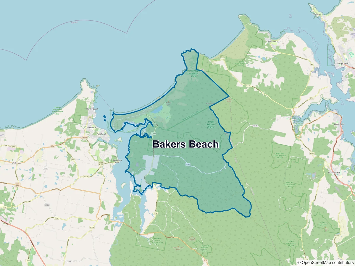 Map of Bakers Beach, TAS, Australia