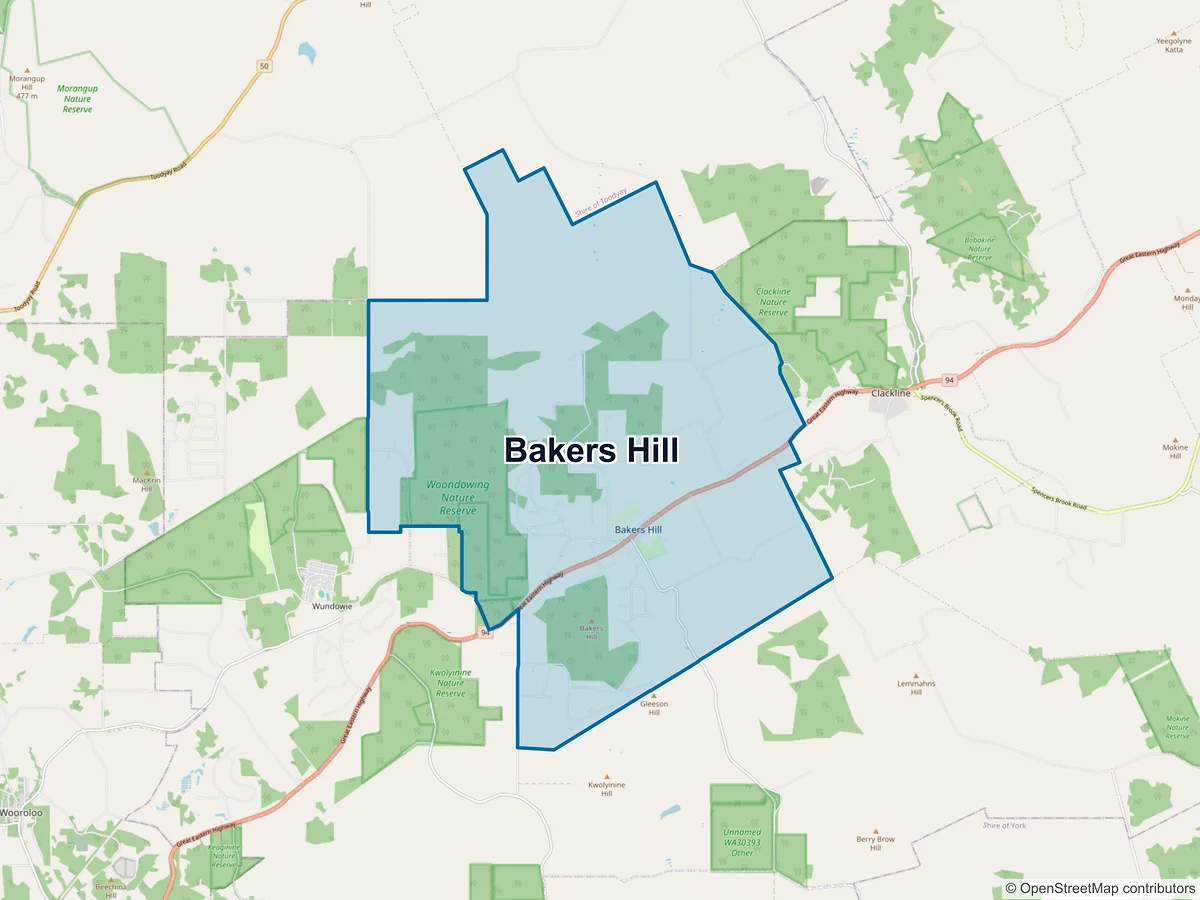 Map of Bakers Hill, WA, Australia