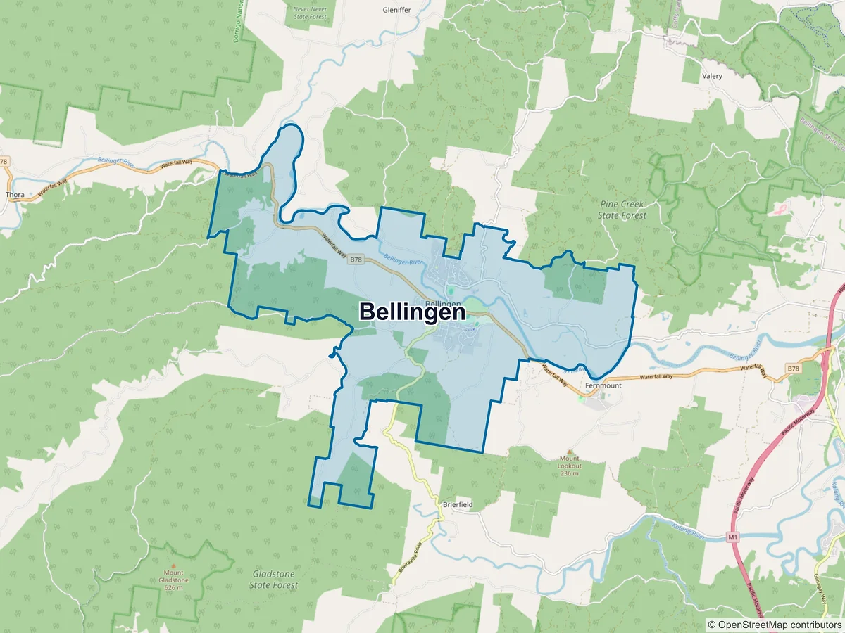 Map of Bellingen, NSW, Australia