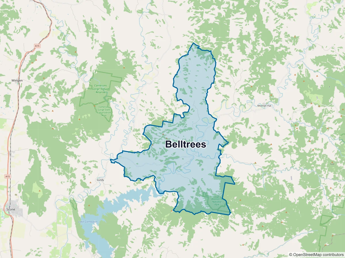 Map of Belltrees, NSW, Australia