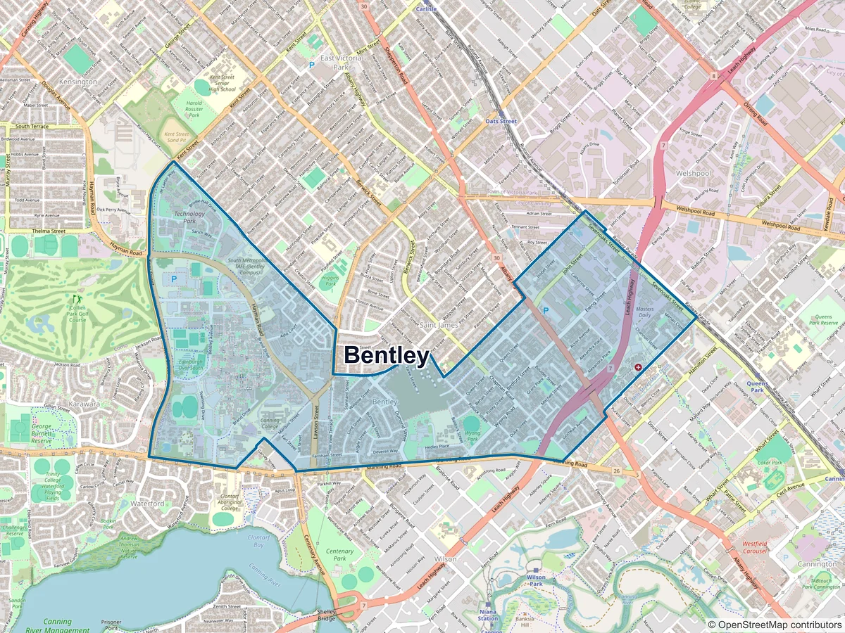 Map of Bentley, WA, Australia