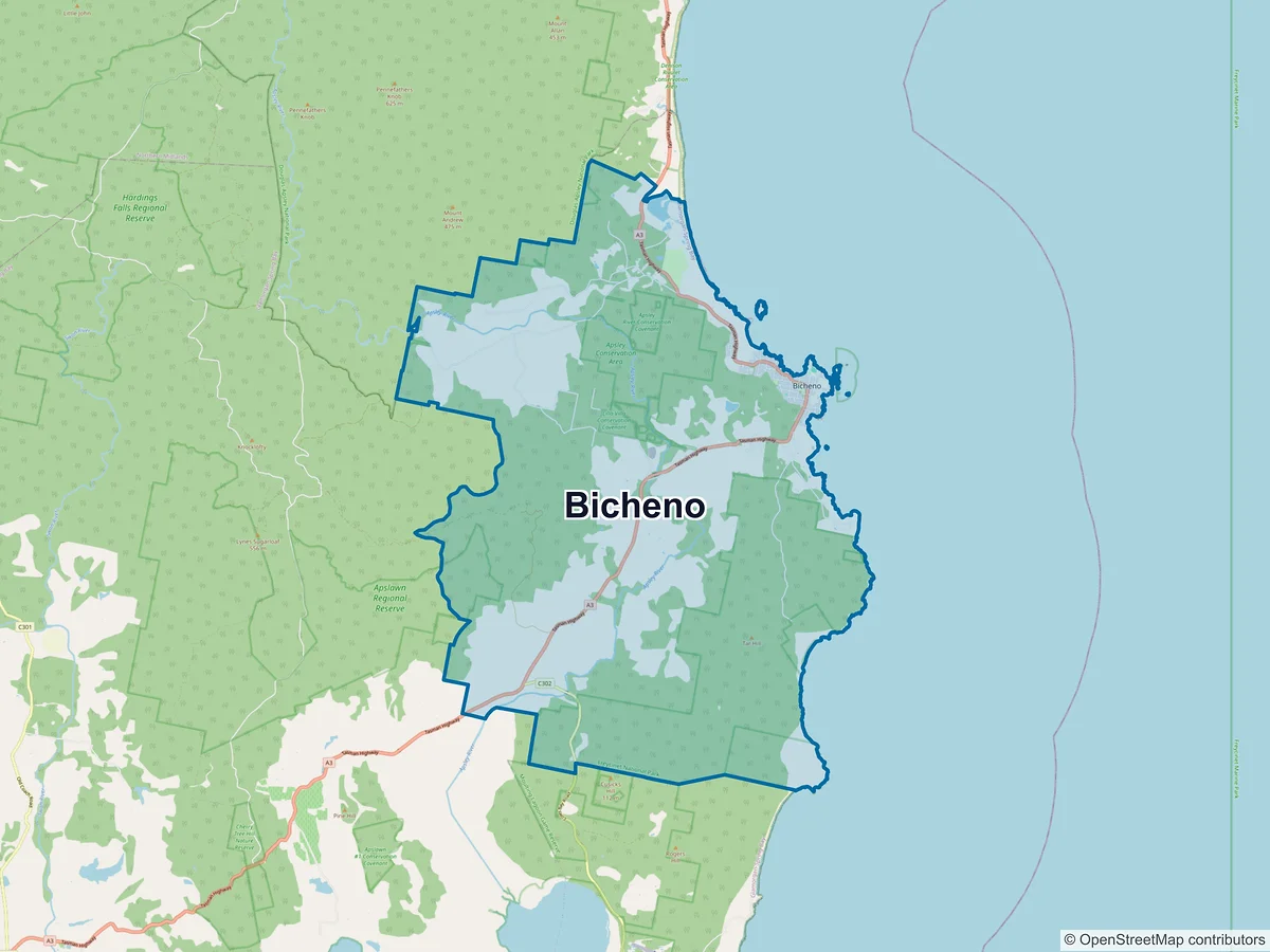 Map of Bicheno, TAS, Australia