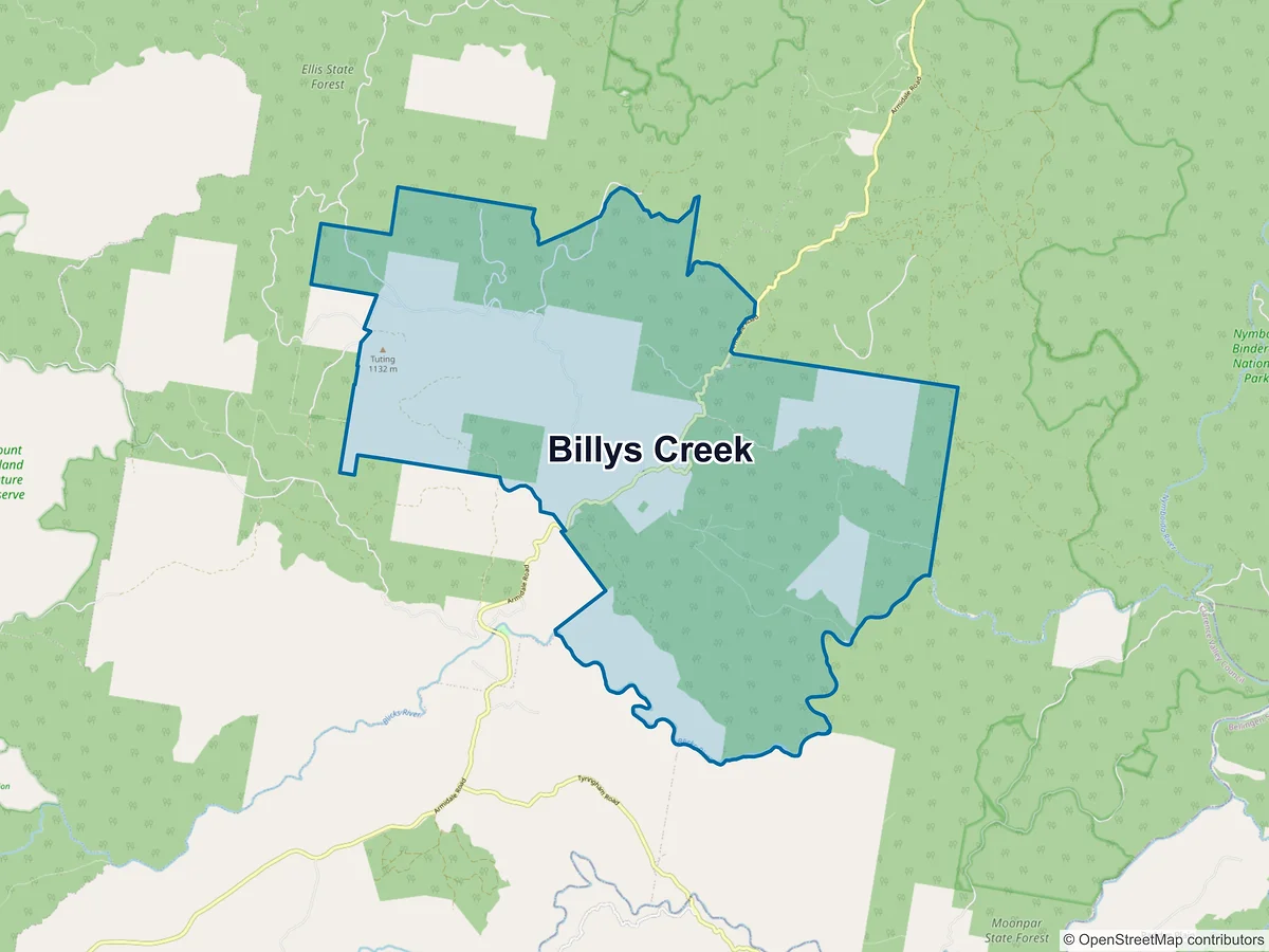 Map of Billys Creek, NSW, Australia