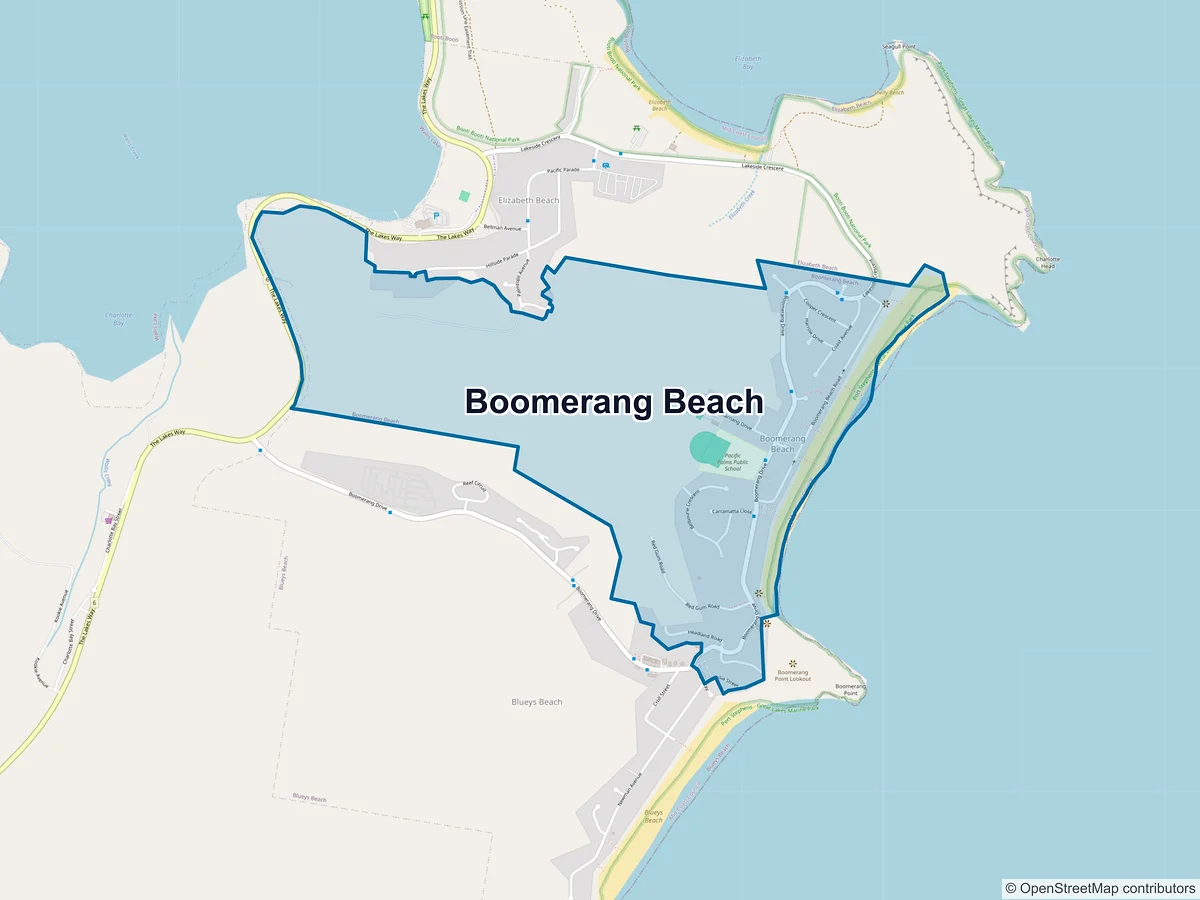 Map of Boomerang Beach, NSW, Australia