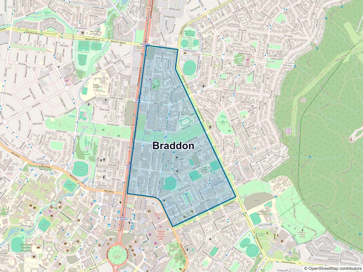 Map of Braddon, ACT, Australia