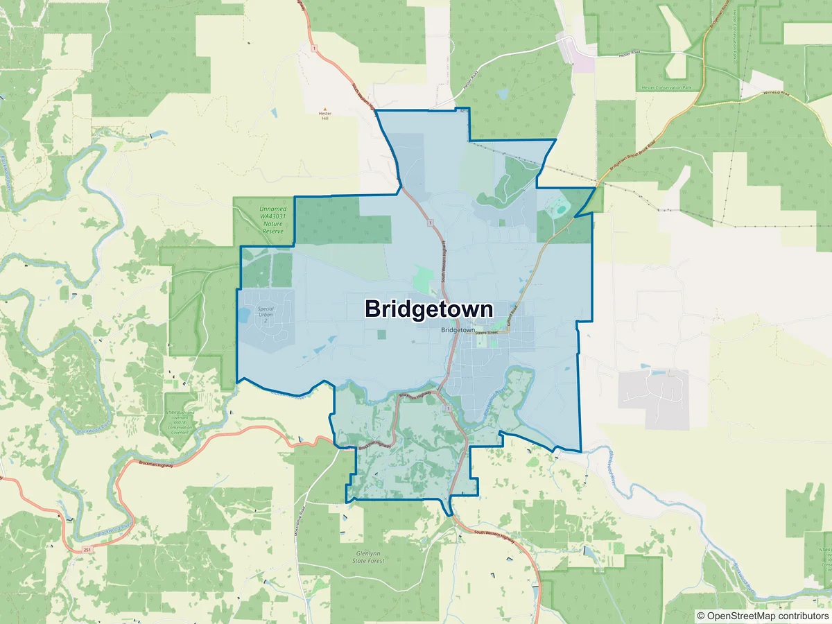 Map of Bridgetown, WA, Australia