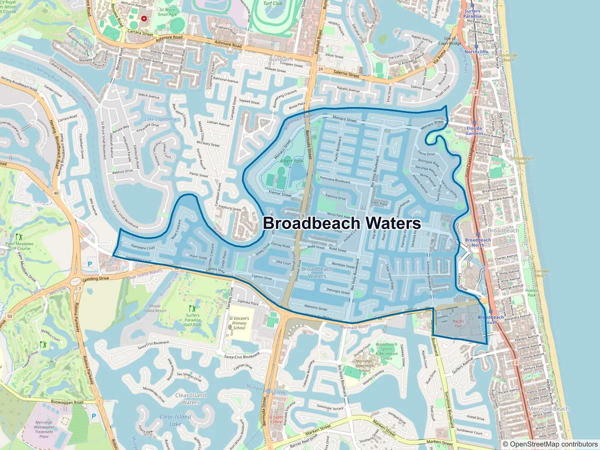 Map of Broadbeach Waters, QLD, Australia