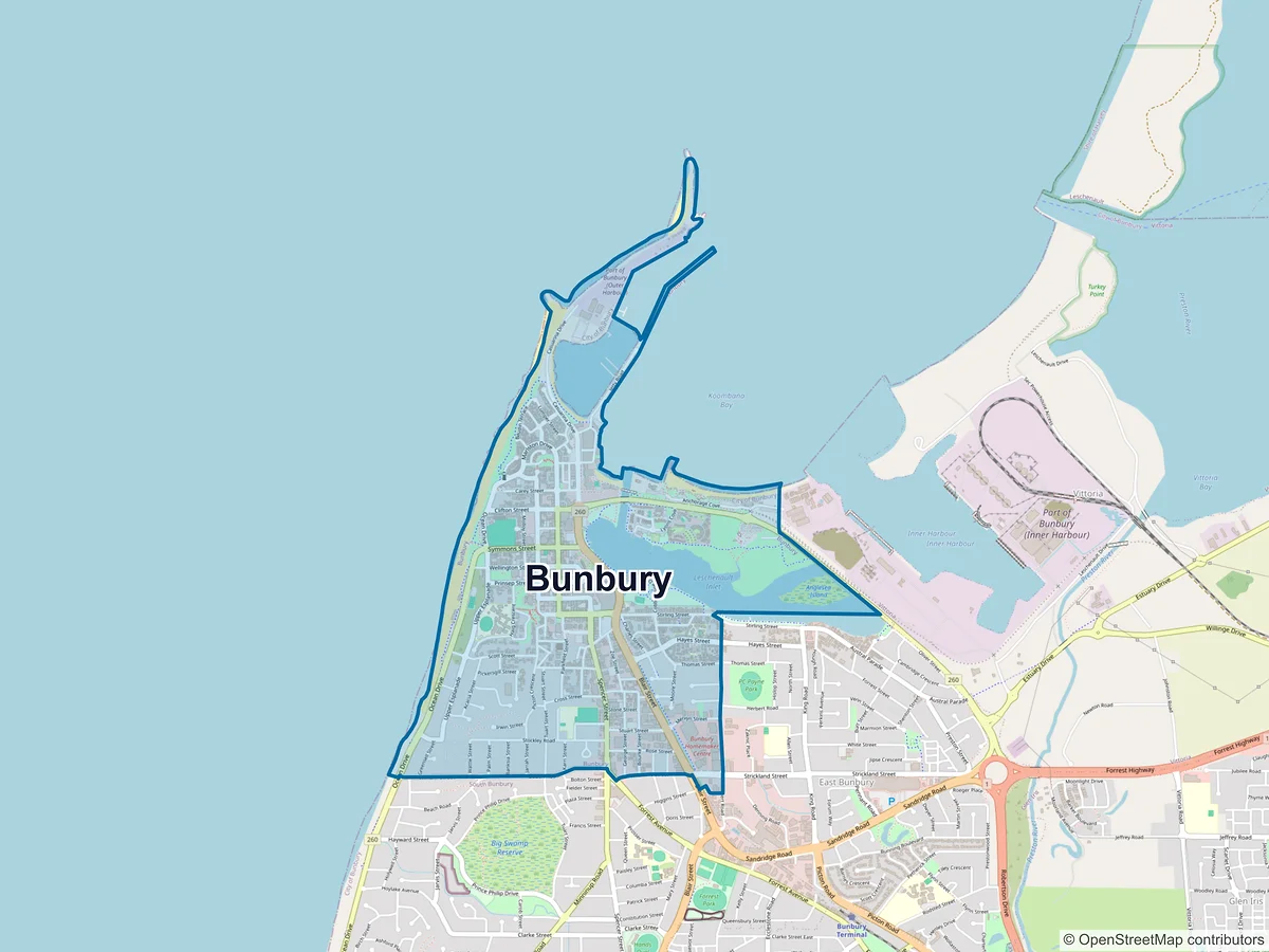 Map of Bunbury, WA, Australia