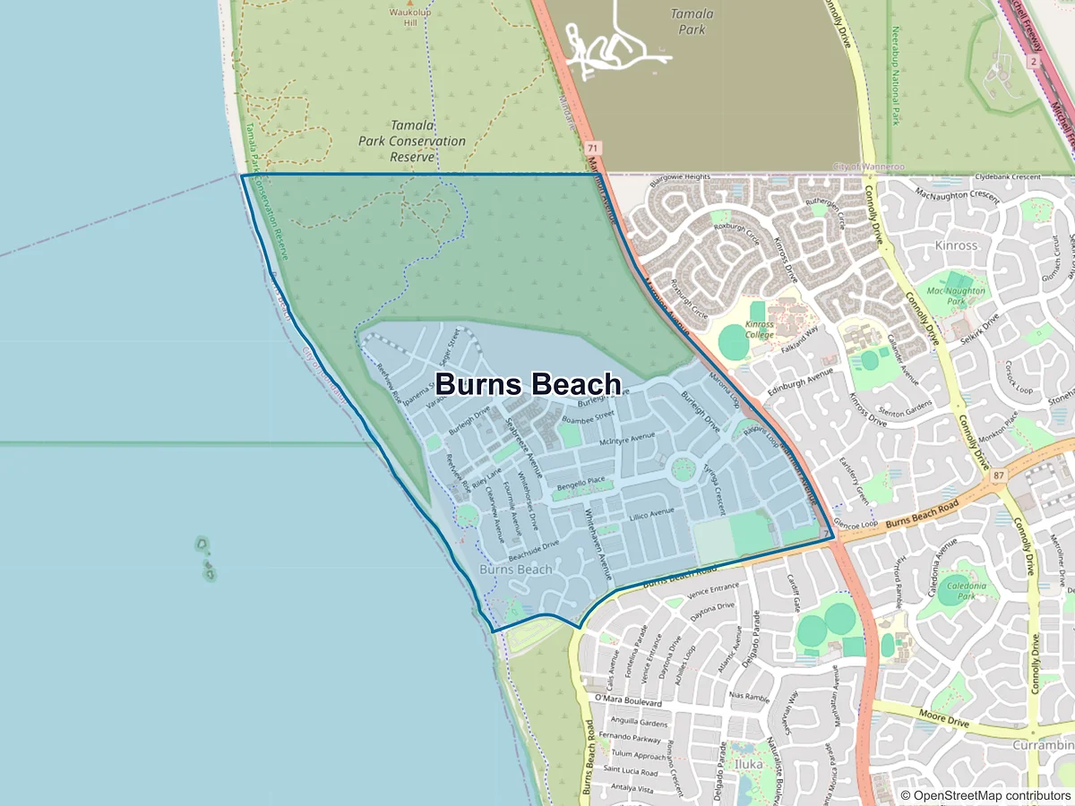 Map of Burns Beach, WA, Australia
