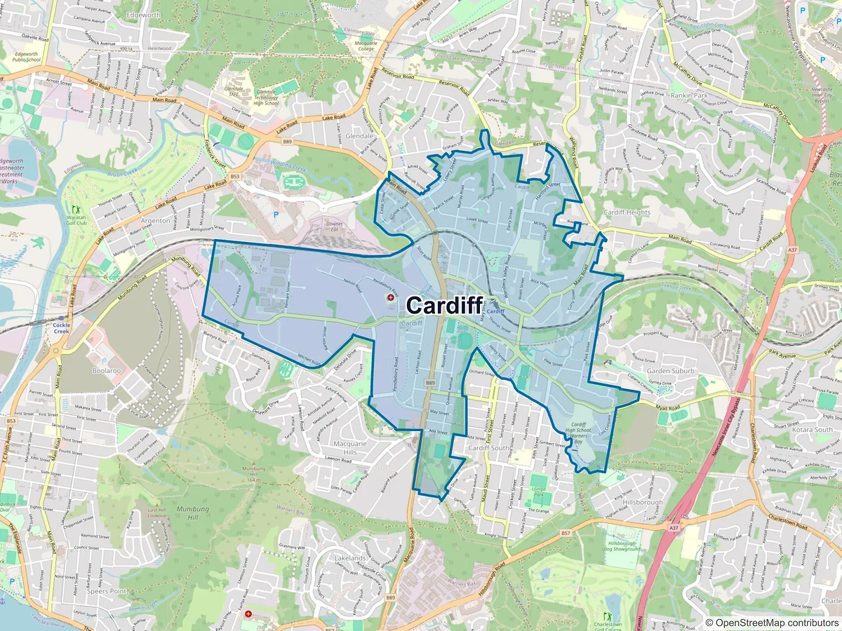 Map of Cardiff, NSW, Australia