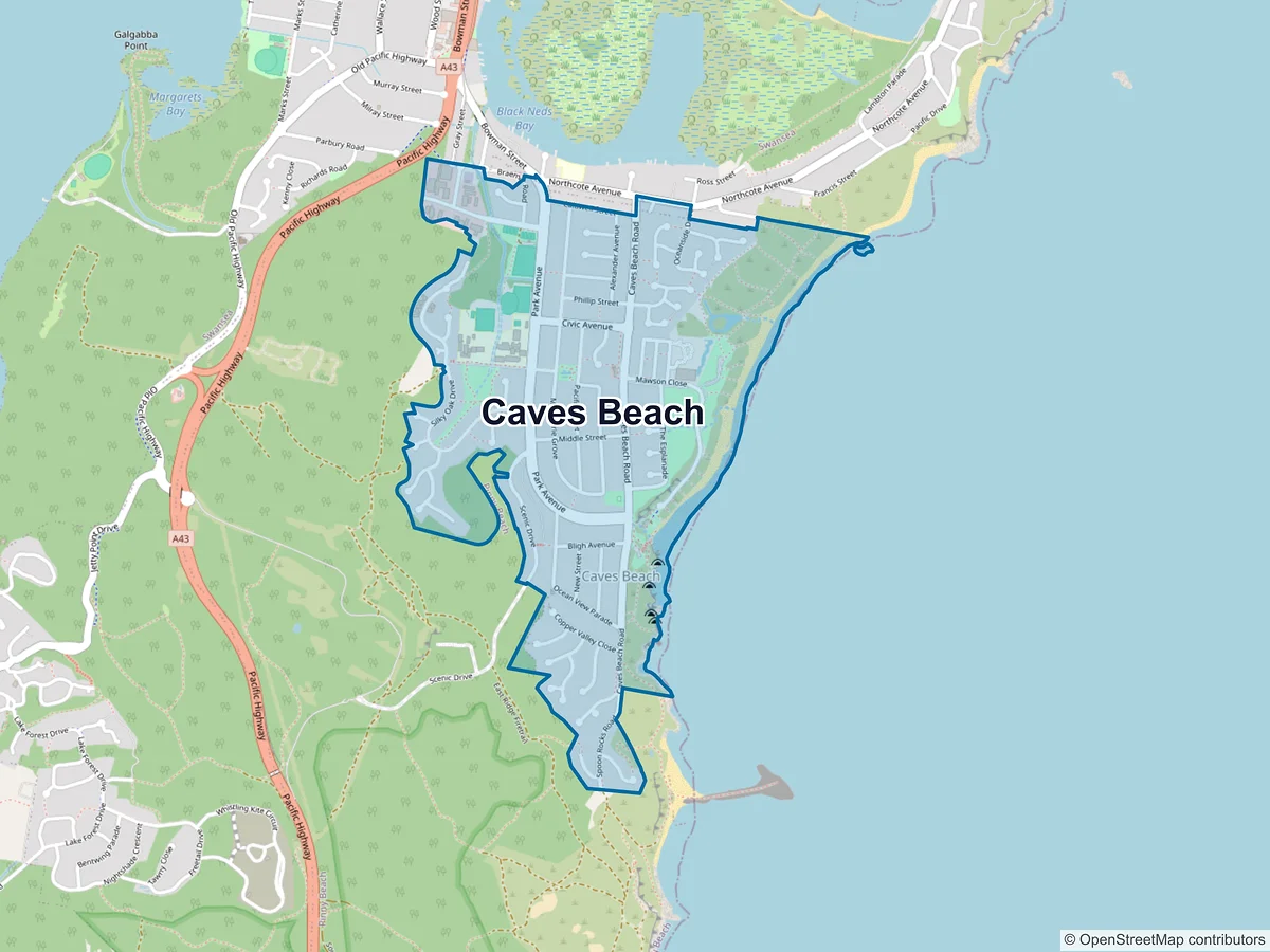Map of Caves Beach, NSW, Australia