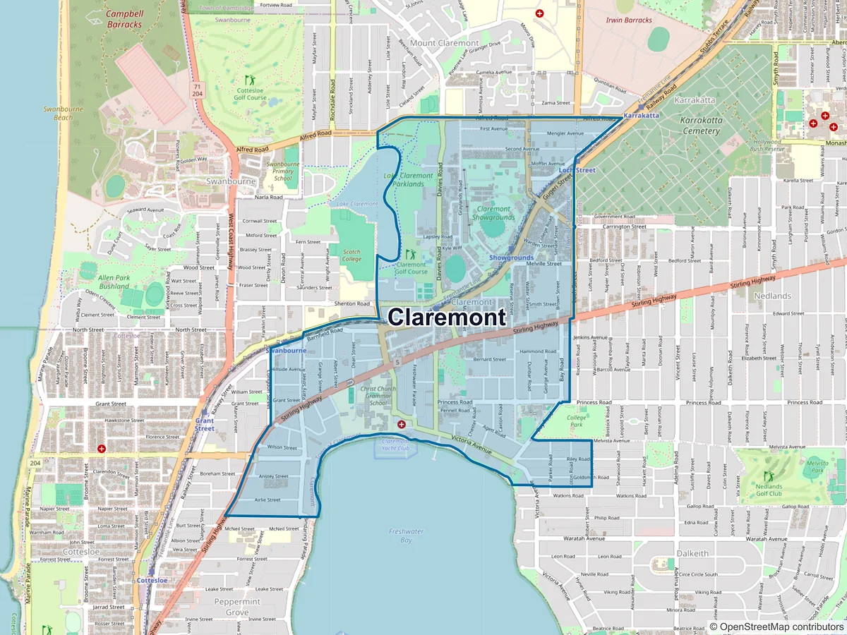 Map of Claremont, WA, Australia