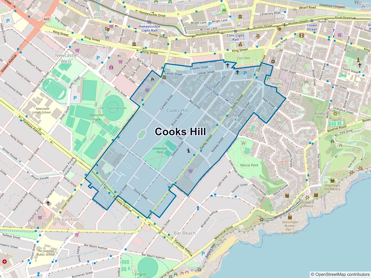 Map of Cooks Hill, NSW, Australia
