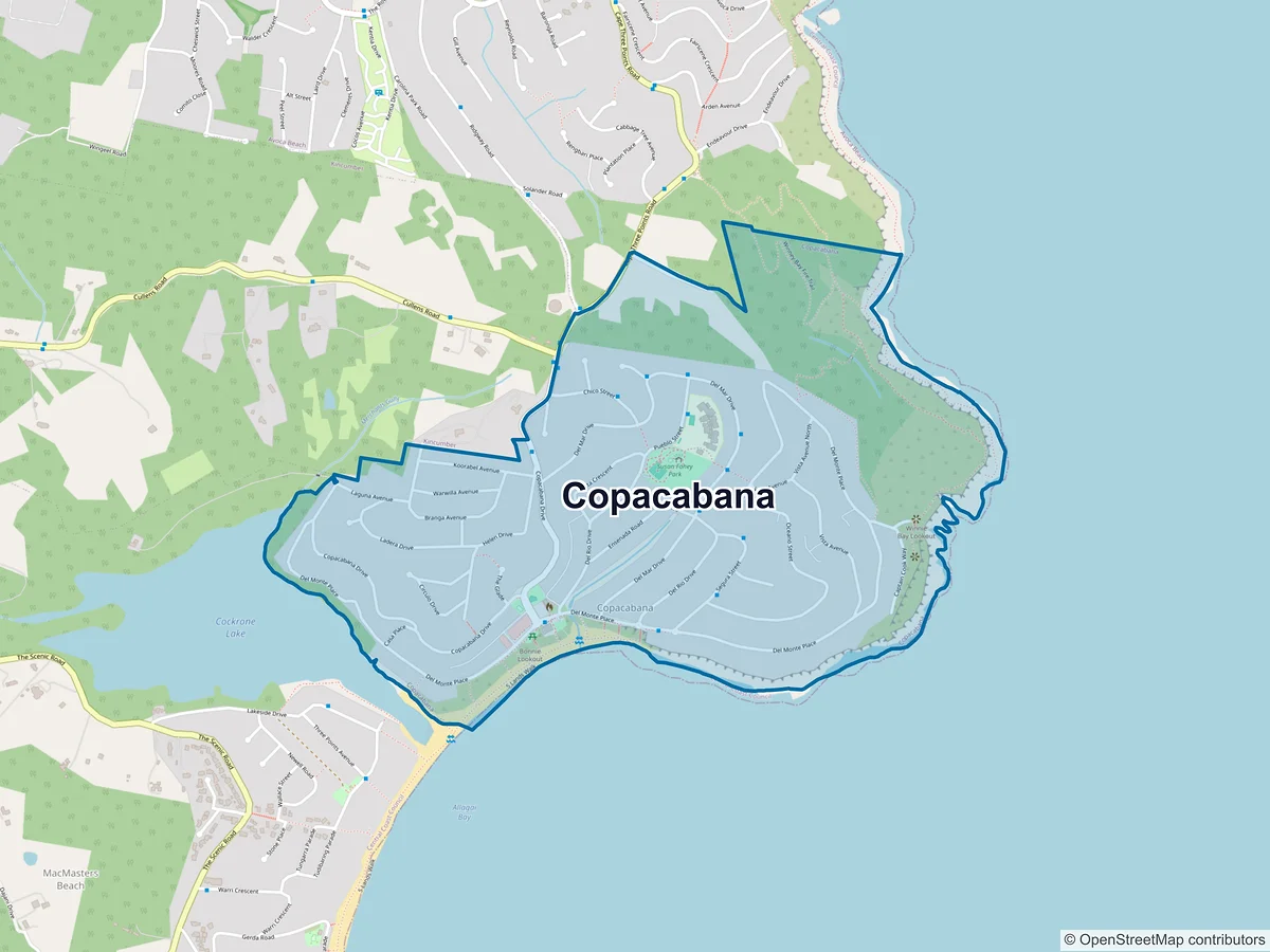 Map of Copacabana, NSW, Australia