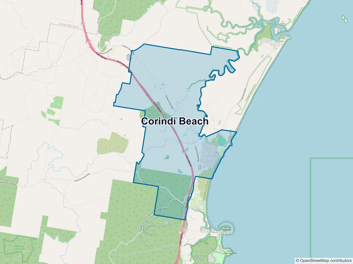 Map of Corindi Beach, NSW, Australia