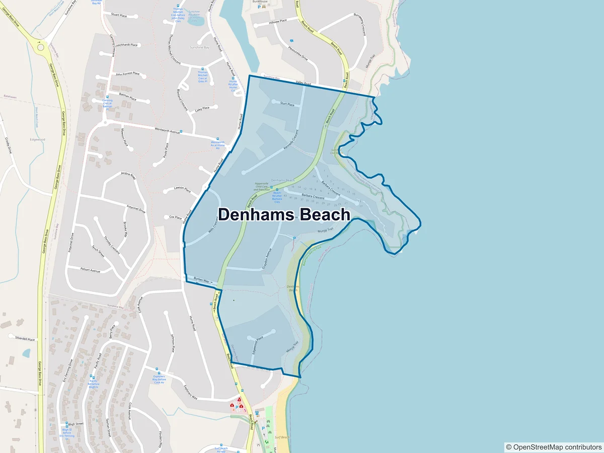 Map of Denhams Beach, NSW, Australia
