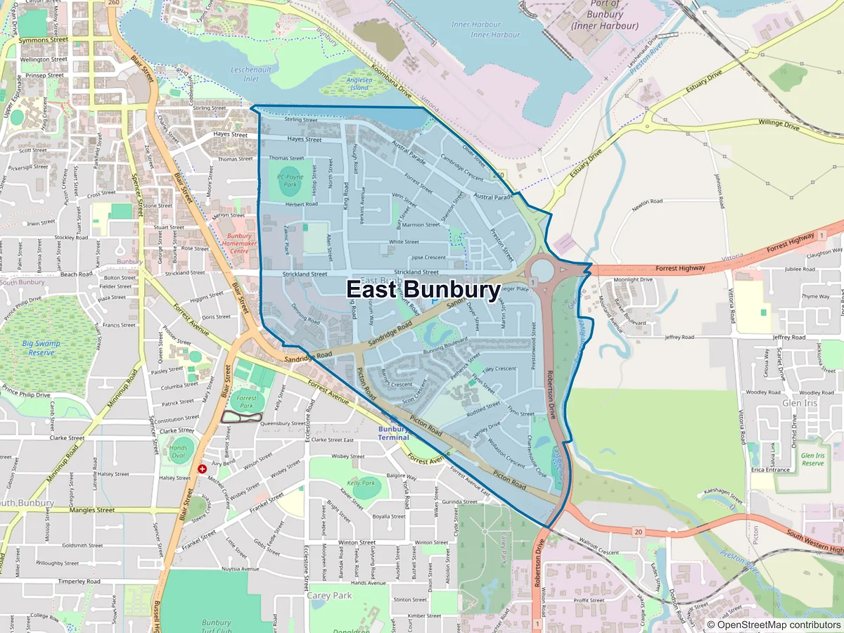 Map of East Bunbury, WA, Australia