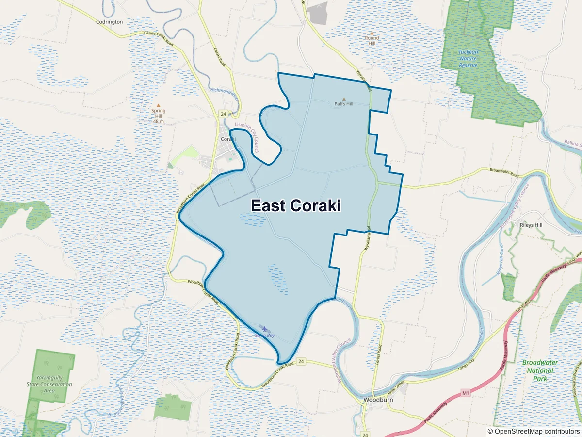 Map of East Coraki, NSW, Australia